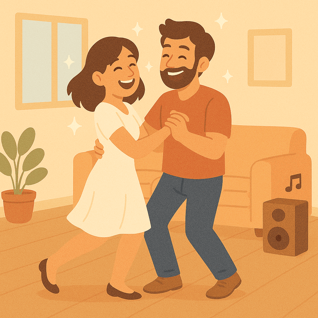 Pareja ensayando su baile nupcial en casa con alegría