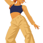 Ilustración de una chica joven bailando hip hop con ropa deportiva, gorra y expresión poderosa, representando el estilo libre y urbano del baile.