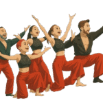 Ilustración de grupo coreográfico de baile en pose final alegre, vestuario rojo y negro