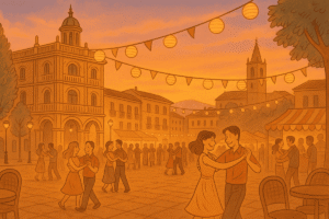 Ilustración de la Plaza López Allué al atardecer con parejas bailando en una verbena en Huesca