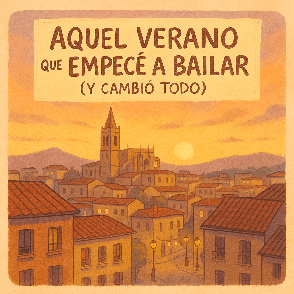 Viñeta ilustrada de la ciudad de Huesca al atardecer con el texto 'Aquel verano que empecé a bailar (y cambió todo)'