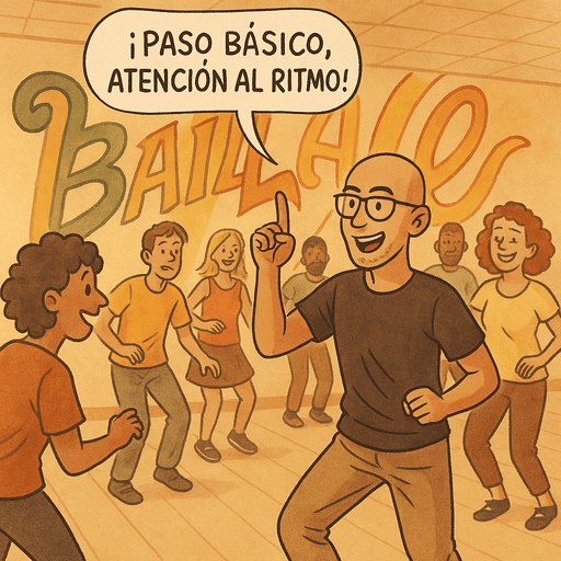 Viñeta ilustrada de una clase de baile en Bailalé con un profesor sonriente diciendo "¡Paso básico, atención al ritmo!", mientras los alumnos lo siguen