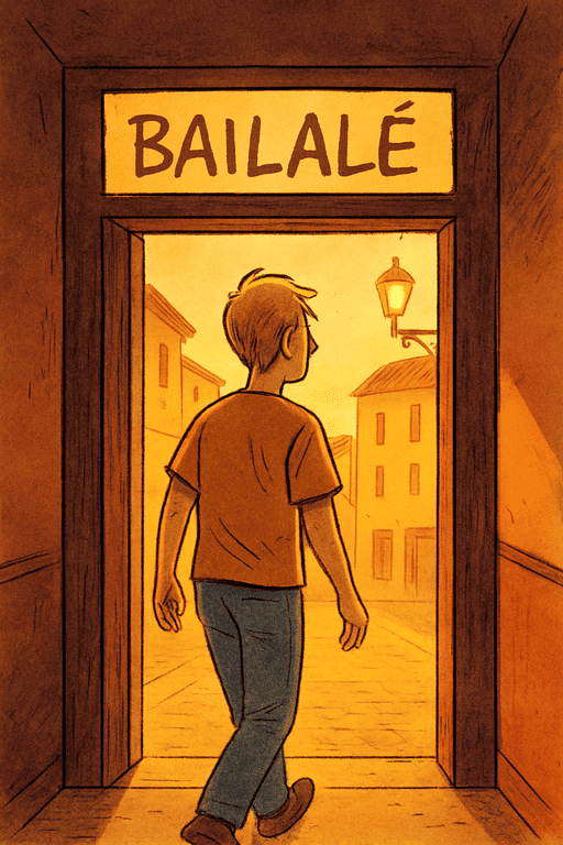 Viñeta ilustrada de un joven saliendo por la puerta de Bailalé hacia una calle iluminada por la luz del atardecer