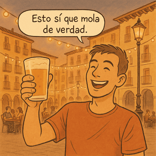 Viñeta ilustrada de un joven levantando una cerveza y diciendo sonriente "Esto sí que mola de verdad", en una plaza iluminada por farolillos