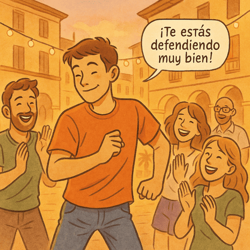 Viñeta ilustrada de un joven bailando en una plaza, rodeado de amigos que aplauden y le dicen "¡Te estás defendiendo muy bien!"
