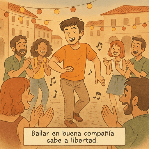 Viñeta ilustrada de un joven bailando con alegría en el centro de una plaza, rodeado de amigos que lo aplauden; texto: "Bailar en buena compañía sabe a libertad"