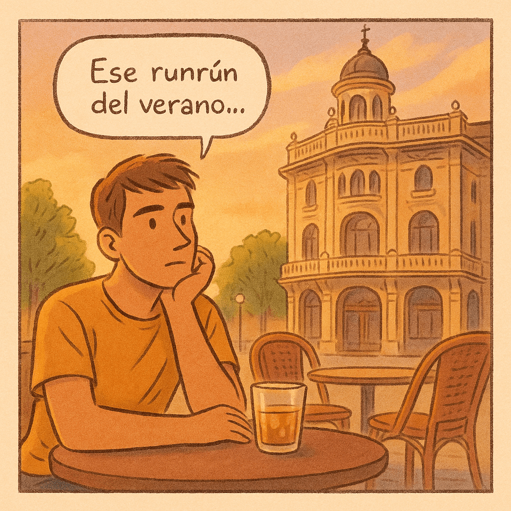 Viñeta ilustrada de un joven sentado en una terraza al atardecer en Huesca con expresión pensativa y el texto 'Ese runrún del verano'