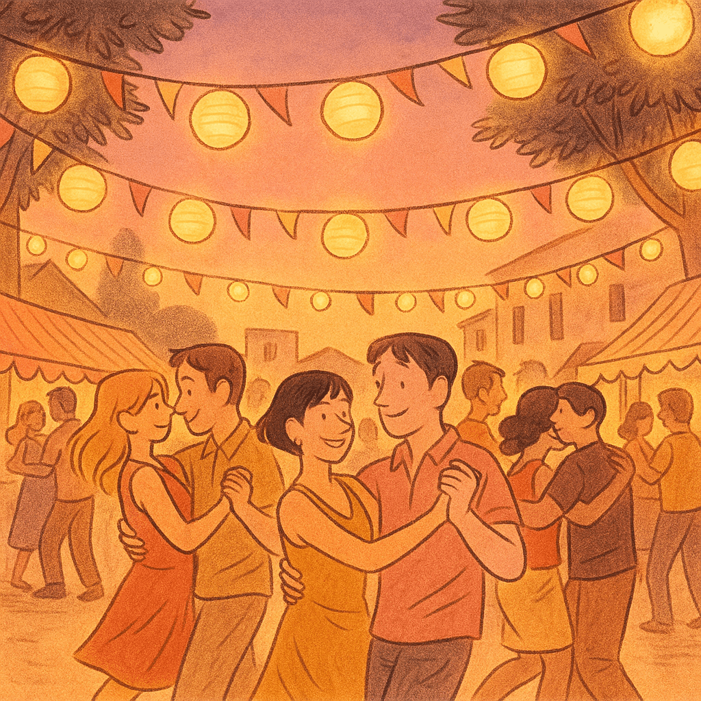 Viñeta ilustrada de una verbena con parejas bailando bajo farolillos en una plaza de Huesca al atardecer