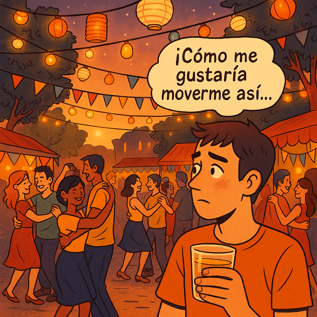 Viñeta ilustrada de un joven observando cómo otros bailan en una verbena, con expresión de deseo y el pensamiento "¡Cómo me gustaría moverme así..."