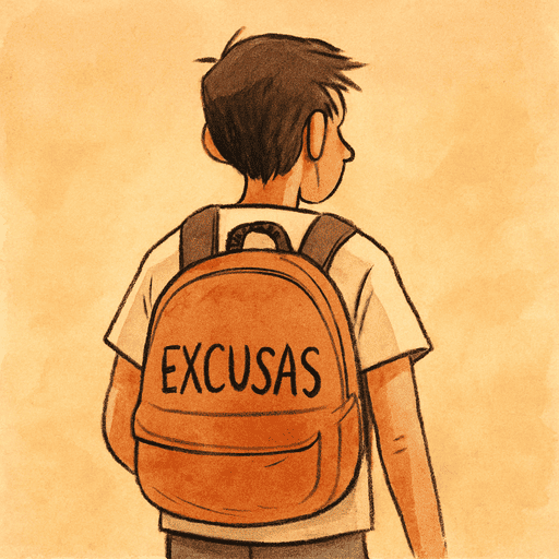 Viñeta ilustrada de un joven de espaldas con una mochila que dice "EXCUSAS", caminando sobre fondo neutro