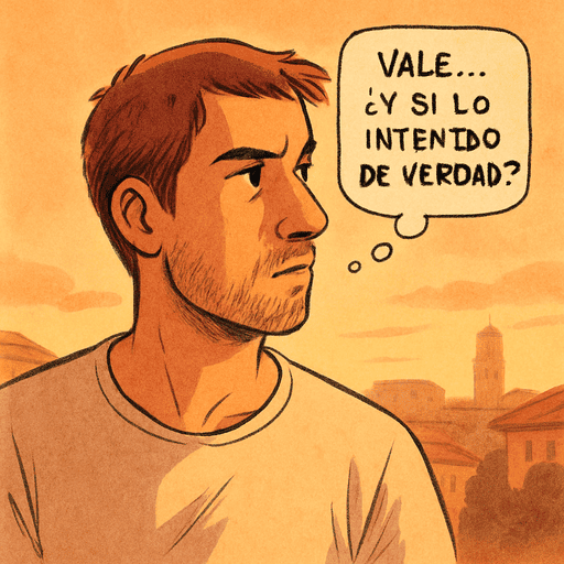 Viñeta ilustrada de un joven mirando decidido hacia un lado con el pensamiento "Vale... ¿y si lo intento de verdad?"