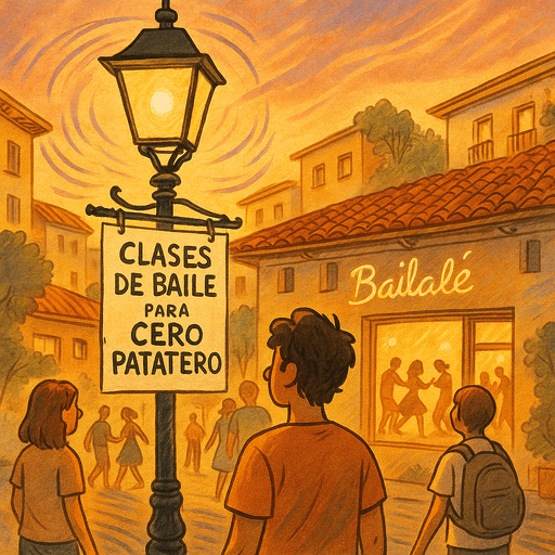 Viñeta ilustrada de varios jóvenes observando un cartel de "Clases de baile para cero patatero" frente a la escuela Bailalé iluminada al atardecer
