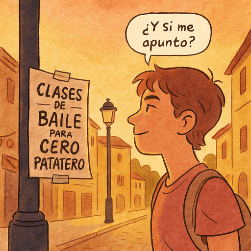 Viñeta ilustrada de un joven mirando un cartel que dice "Clases de baile para cero patatero", mientras piensa "¿Y si me apunto?"