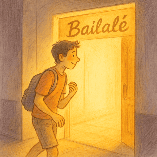 Viñeta ilustrada de un joven entrando a la escuela Bailalé, con luz cálida saliendo por la puerta y expresión de ilusión