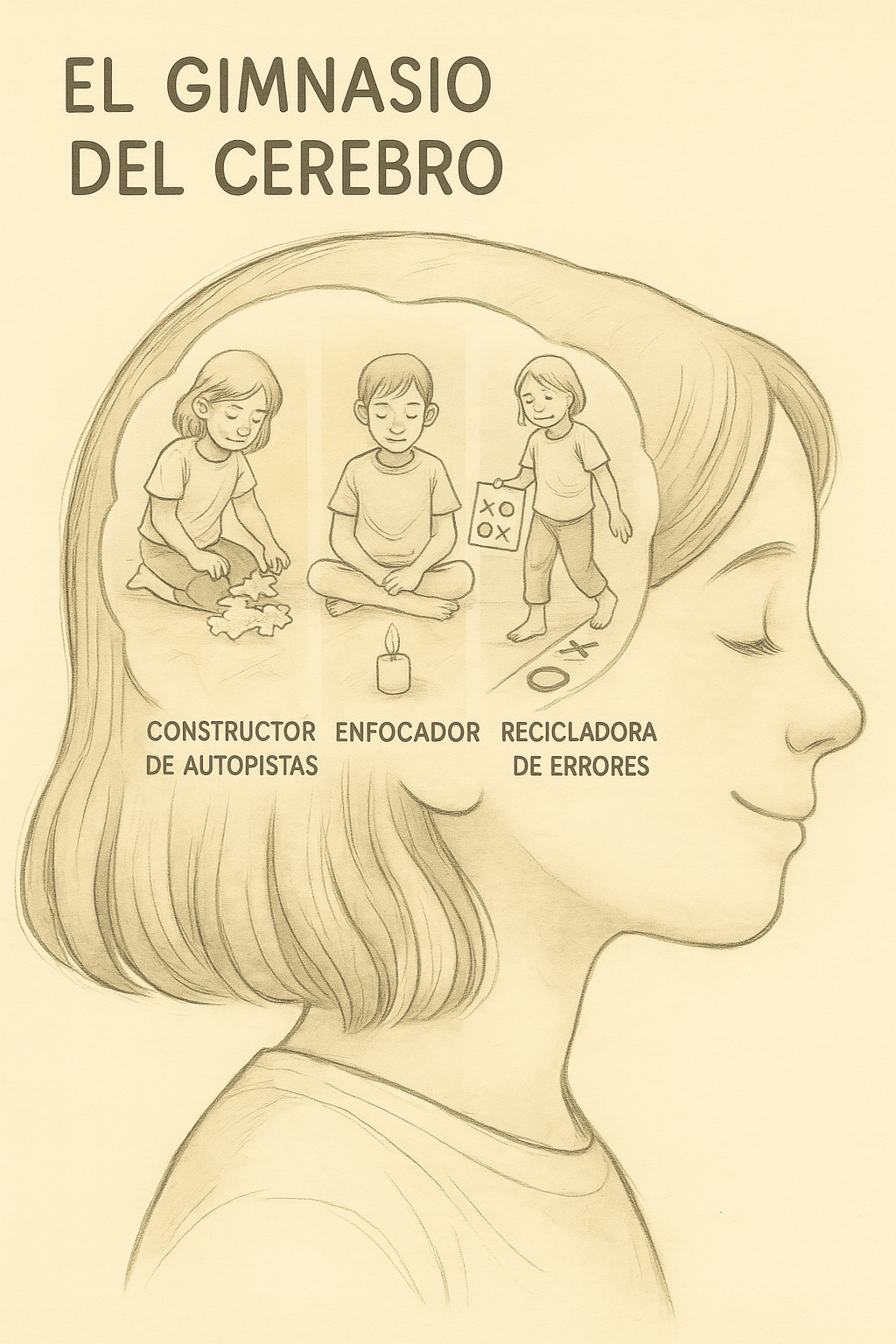 Infografía "El Gimnasio del Cerebro" que explica cómo el juego y movimiento libre en verano estimula las funciones cognitivas de los niños para la rutina escolar.